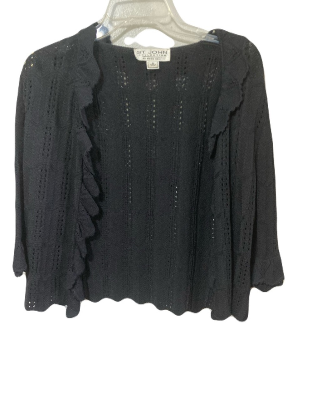 St. John Black Open Ruffle-Trim Knit Cardigan